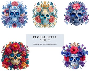 Paquete de imágenes prediseñadas de calaveras florales: ilustraciones PNG (descarga digital)
