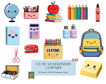 Cute Stationery Clipart Bundle, Kawaii School Supplies Clipart Bundle, Back to School Clipart Bundle, Adorable Stationery