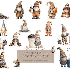 May include: Watercolor clipart featuring various gnomes with coffee-related items. Gnomes are depicted with coffee cups, pastries, and signs. The text "Coffee Lover Gnome Clipart" is also present. The image includes the words "Coffee Monster" and "Coffee Delicious".