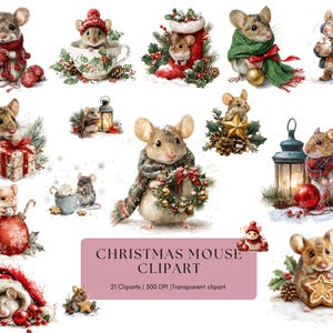 Op de afbeelding: Waterverfillustraties van schattige muizen in feestelijke kerstkleding. De muizen worden afgebeeld met vakantieaccessoires zoals sjaals, mutsen en ornamenten. De afbeelding bevat de tekst "Christmas Mouse Clipart".
