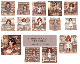 Whimsical Crafting Girl Clipart Png, Whimsical Crafting Girl Clipart With Cute Creative Character Bundle (Commercial Use, Digital)