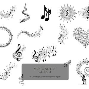 Könnte beinhalten: Eine Sammlung von schwarz-weiß Musiknoten-Cliparts. Die Designs umfassen Notenschlüssel, Noten und Notenlinien, die in verschiedenen Formen angeordnet sind, darunter ein Herz, ein Kreis und eine Spirale. Ein graues Rechteck zeigt den Text "MUSIC NOTES CLIPART".