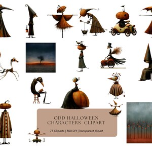 May include: A collection of digital illustrations featuring stylized Halloween characters with pumpkin heads, tall hats, and striped clothing, alongside two landscape scenes and a text box reading ODD HALLOWEEN CHARACTERS CLIPART 75 Cliparts 300 DPI Transparent clipart.