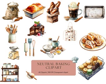 Paquete de imágenes prediseñadas PNG de repostería neutra en acuarela, paquete de imágenes prediseñadas PNG de repostería vintage, paquete de imágenes prediseñadas PNG de utensilios de repostería
