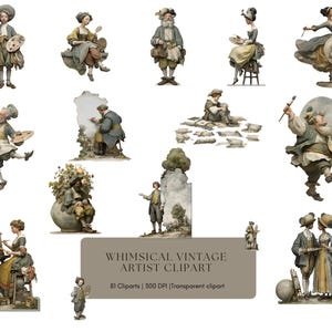 Puede incluir: Una colección de ilustraciones de imágenes prediseñadas de artistas vintage caprichosos. Las imágenes presentan figuras con ropa de época, sosteniendo paletas de pintura, pinceles y caballetes. La paleta de colores incluye tonos apagados de gris, beige y amarillo. El texto de la imagen dice "Whimsical Vintage Artist Clipart".