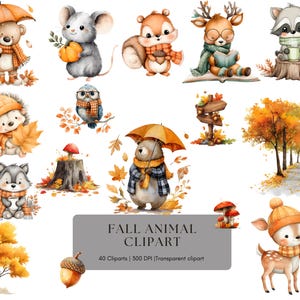 May include: Watercolour illustrations of autumnal animals, such as a bear with an umbrella, a mouse with a pumpkin, and a deer wearing a scarf. The text "FALL ANIMAL CLIPART" is displayed below the images.
