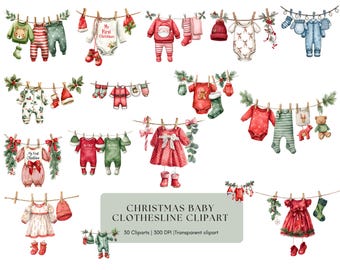 Christmas Baby Clothesline Clipart Bundle Png, My First Christmas New Baby Clipart Bundle Png, Commercial Use, Digital)