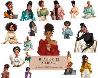 Schwarze Mädchen Clipart Bundle: Afro Mädchen, Denim Stil (Digitaler Download)