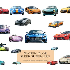 以下が含まれることがあります： 赤、青、黄、緑など、さまざまな色の洗練されたスーパーカーの水彩イラスト。スポーツカーやレーシングカーなど、さまざまな車種が含まれています。テキスト「WATERCOLOR SLEEK SUPERCARS」も表示されています。