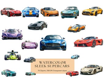 Lot de cliparts supercar aquarelle : illustrations de voitures élégantes (téléchargement numérique)
