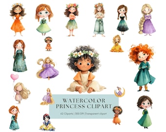 Watercolor Princess Clipart Bundle, Cute Girl Princess Clipart Bundle, Birthday & Cards Clipart Bundle