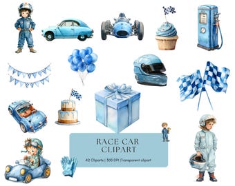 Paquete de imágenes prediseñadas de coches de carreras en acuarela (PNG), lindo paquete de imágenes prediseñadas de piloto de carreras (PNG), baby shower, cumpleaños
