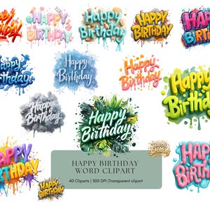 Könnte beinhalten: Eine Sammlung farbenfroher "Happy Birthday"-Wortkunst-Designs in verschiedenen Stilen. Die Designs zeigen leuchtende Farben, Tropfeffekte und künstlerische Schriftarten, geeignet für digitale Kunstprojekte und Feiern.