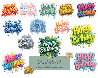 Happy Birthday Word Clipart Bundle Png, Watercolor Lettering, Scrapbooking Paper Crafts JPG Clipart Bundle Png, Commercial Use, Digital)
