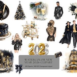 Pode incluir: Coleção de cliparts em aquarela para o Ano Novo de 2026, com uma árvore de Natal decorada, taças de champanhe, um bolo, um carrinho de bar e um casal em trajes formais. Inclui também o texto "WATERCOLOR NEW YEAR 2026 CLIPART".