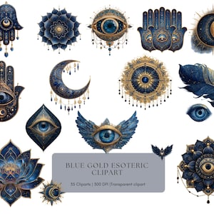 Może przedstawiać: Kolekcja niebiesko-złotych elementów graficznych o tematyce ezoterycznej. Projekty obejmują rękę Hamsy, oczy, księżyce, pióra i wzory kwiatowe. Tekst na obrazie brzmi "BLUE GOLD ESOTERIC CLIPART".