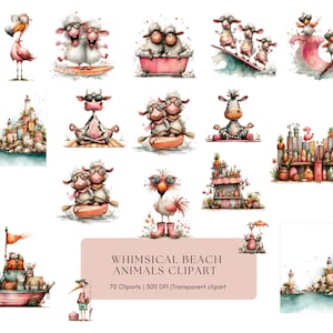 May include: A collection of watercolor illustrations featuring various animals in beach settings, including sheep in a bathtub, surfing animals, a zebra and cow meditating, and coastal lighthouses. Text reads: WHIMSICAL BEACH ANIMALS CLIPART 70 Cliparts 300 DPI Transparent clipart.