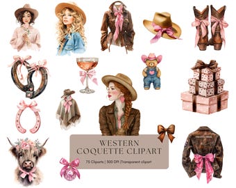Western Coquette Clipart Bundle Png, Cowgirl Aesthetic Clipart Bundle Png, Cowboy Boots Clipart Bundle Png