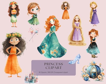 Princess Watercolor Clipart Bundle, Cute Princess Clipart Bundle, Crown Princess Clipart Bundle
