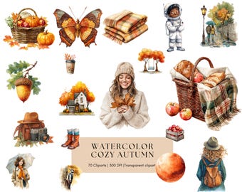 Akvarell höst clipart-paket: Mysiga scrapbooking-klistermärken (digital nedladdning)