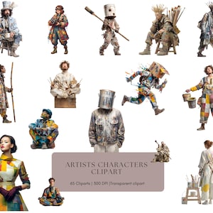 Puede incluir: Una colección de imágenes de arte digital que presenta varios personajes de artistas. Los personajes visten ropa y accesorios coloridos y salpicados de pintura, incluyendo cubos, sombreros y pinceles. La imagen incluye el texto "ARTISTS CHARACTERS CLIPART".