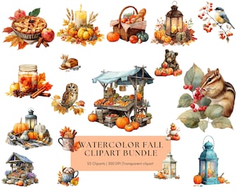 Watercolor Fall Clipart Bundle, Fall Sublimation Designs Clipart Bundle, Autumn Clipart Bundle