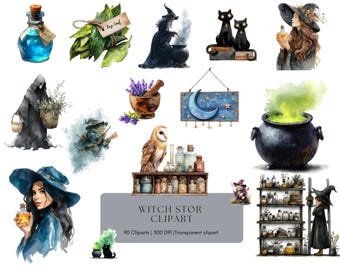 Witch Store Clipart Bundle Png, Witch Store Magical Potion Png, Broom, Cauldron, Black Cat Clipart Bundle Png, (Commercial Use, Digital)
