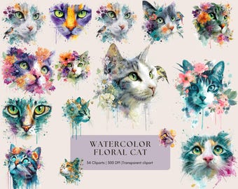 Watercolor Floral Cat Clipart Bundle, Printable Floral Cat Clipart Bundle, Cute Floral Cat Clipart Bundle