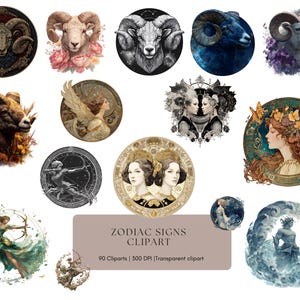May include: A selection of zodiac sign clipart, showcasing diverse illustrations. The images include detailed depictions of rams, archers, and female figures, each within a circular frame. The colour palette ranges from vibrant blues and greens to softer pastel tones.
