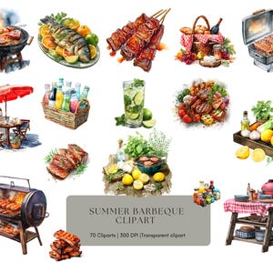 May include: Watercolor illustration of various barbecue elements, including grills with food, skewers, a picnic basket, and a table setting. The image also features a basket of drinks, a mojito, and a text box that says "Summer Barbeque Clipart".