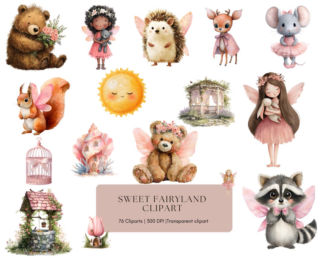 Watercolor Sweet Fairyland Clipart Bundle Png, Cute Pink Fairy Clipart ...