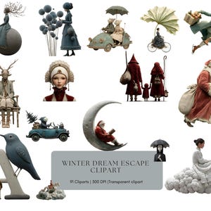 Puede incluir: Un conjunto de imágenes prediseñadas digitales con temas fantásticos. Las ilustraciones incluyen figuras como una mujer sobre una gran bola, una persona con cuernos de ciervo y una figura de Papá Noel. También está presente el texto "WINTER DREAM ESCAPE CLIPART".