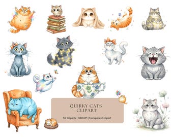 Quirky Cartoon Cats Clipart Bundle, Funny Cat Characters (PNG, Digital)