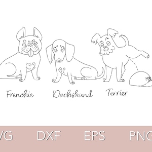 May include: Line art illustration of three dog breeds: Frenchie, Dachshund, and Terrier. The Terrier is kicking a baseball cap. The names of the breeds are written below each dog. The image also includes the text "SVG, DXF, EPS, PNG".