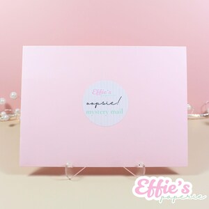 May include: A light pink rectangular package with a circular sticker that reads "Effie's oopsie! mystery mail." The package is displayed on a clear acrylic stand against a soft pink background. The Effie's paperie logo is visible.