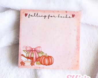 Falling for Books Sticky Note – 3x3 Pink Fall Bookish Notepad, 50 Sheets, Recycled Paper