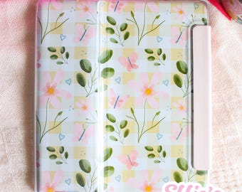 Funda para Kindle con diseño de prado de cuadros vichy, funda para Kindle, flores y mariposas (semibrillante, sin funda)