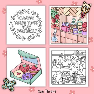 May include: A four-panel illustration with a pink floral background. The panels depict self-care themes: a floral wreath with the text "ALWAYS MAKE TIME FOR YOURSELF", a bathroom scene with toiletries, a box of decorated pastries, and a woman in a kitchen.