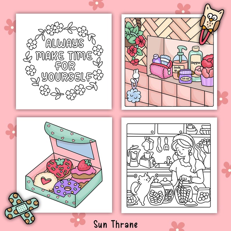 May include: A four-panel illustration with a pink floral background. The panels depict self-care themes: a floral wreath with the text "ALWAYS MAKE TIME FOR YOURSELF", a bathroom scene with toiletries, a box of decorated pastries, and a woman in a kitchen.
