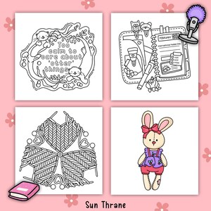 May include: Four square illustrations with a pink floral background. The top left image has otters and text that reads "Too calm to care about 'otter' things." The top right image shows a planner with the text "February 28 International Hyee Day." The bottom left image shows a knitted design. The bottom right image shows a bunny doll.