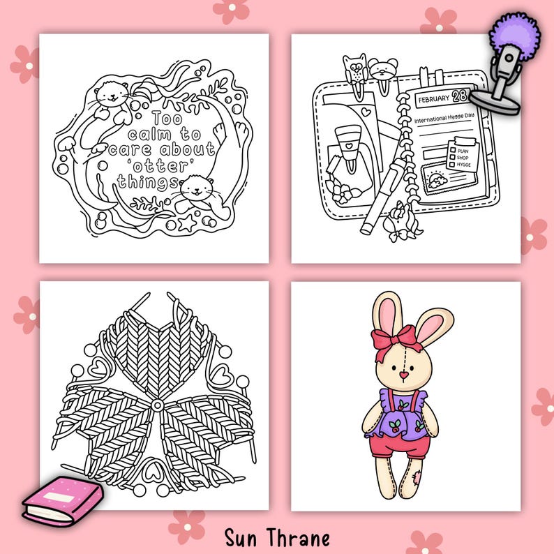 May include: Four square illustrations with a pink floral background. The top left image has otters and text that reads "Too calm to care about 'otter' things." The top right image shows a planner with the text "February 28 International Hyee Day." The bottom left image shows a knitted design. The bottom right image shows a bunny doll.