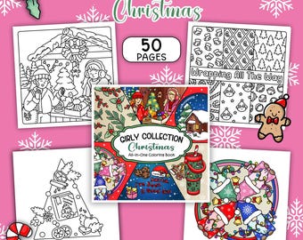 Girly Collection | Christmas Coloring Book | 50 Pages | Girly and Cozy Holiday Designs (Instant PDF Download)