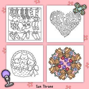 May include: Four square images with black and white line drawings. One shows socks hanging on a clothesline. Another has the text "MAKE ROOM FOR HYGGE EVERY DAY" in a heart shape. A third depicts kittens in a basket. The last is a floral design.