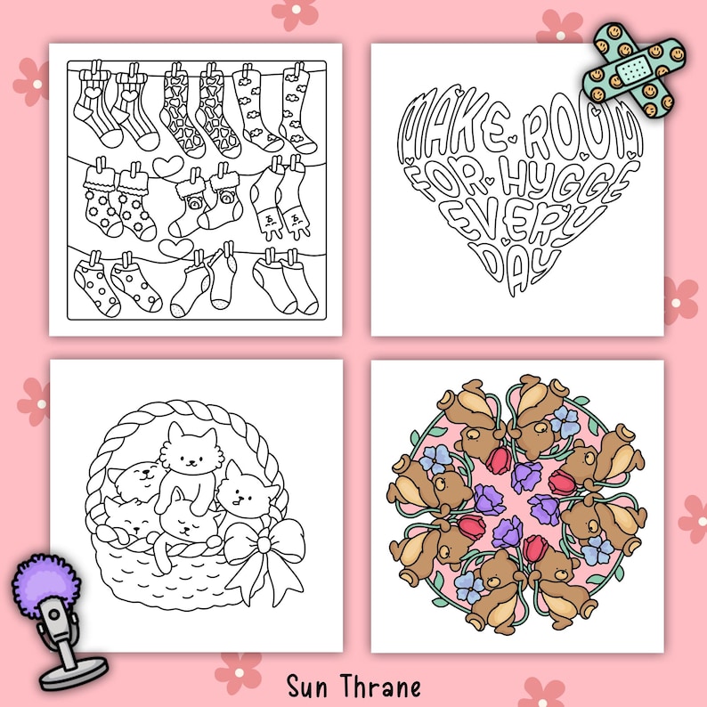 May include: Four square images with black and white line drawings. One shows socks hanging on a clothesline. Another has the text "MAKE ROOM FOR HYGGE EVERY DAY" in a heart shape. A third depicts kittens in a basket. The last is a floral design.