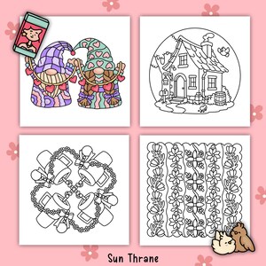 May include: A collection of four square illustrations. The top left shows two gnomes holding hearts. The top right depicts a house. The bottom left shows bells. The bottom right shows a floral design. The text "Sun Thrane" is at the bottom.