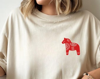 Scandinavian Dala Horse Sweatshirt, Mythology Design Graphic Shirt, Traditional Swedish Folk Art T-Shirt, Christmas Cottagecore Shirt