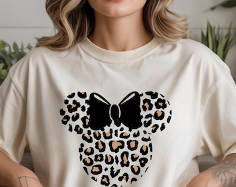 Comfort Colors® Leopard Print Minnie Mouse Shirt, Cute Disney Mom Shirt, Leopard Minnie Ear Shirt, Leopard Women Shirt, Disney Family Shirts