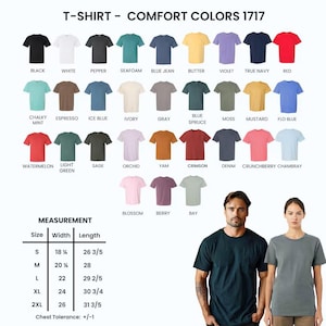 K&ouml;nnte beinhalten: Eine Auswahl an Comfort Colors 1717 T-Shirts in verschiedenen Farben, darunter Schwarz, Wei&szlig; und Rot. Das Bild enth&auml;lt eine Ma&szlig;tabelle mit Gr&ouml;&szlig;en von S bis 2XL, mit Breiten von 46 cm bis 66 cm und L&auml;ngen von 67 cm bis 80 cm.