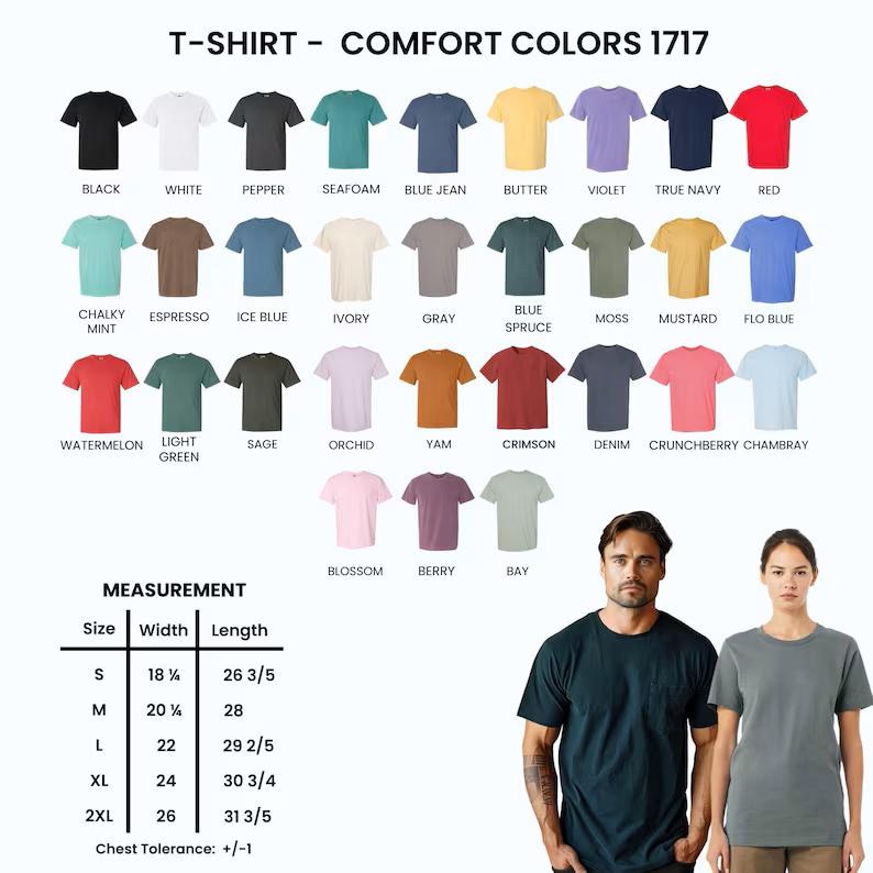 K&ouml;nnte beinhalten: Eine Auswahl an Comfort Colors 1717 T-Shirts in verschiedenen Farben, darunter Schwarz, Wei&szlig; und Rot. Das Bild enth&auml;lt eine Ma&szlig;tabelle mit Gr&ouml;&szlig;en von S bis 2XL, mit Breiten von 46 cm bis 66 cm und L&auml;ngen von 67 cm bis 80 cm.