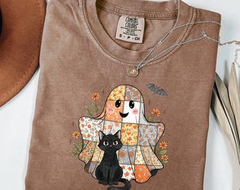 Comfort Colors® Retro Patchwork Halloween Ghost Sweatshirt, Halloween Cat Shirt, Spooky Season Sweater, Halloween Cute Women Outfit